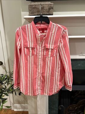 Women's Coral Striped Button-Down Shirt with Chest Pockets